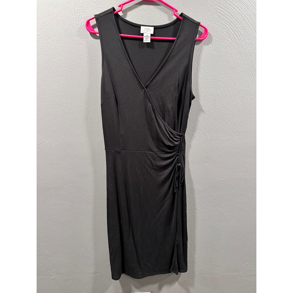 Ann Taylor LOFT Womens Black Faux Wrap Dress Sleeveless V-Neck Ruched Size 10
